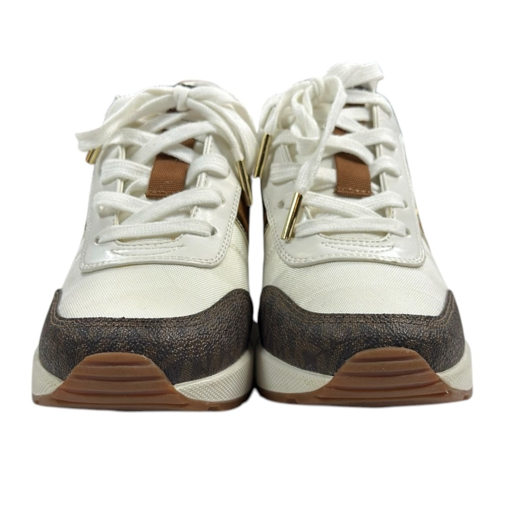 Michael Kors Georgie Wedge Sneakers 7 Brown White Logo Trainer Luxury Streetwear - Picture 2 of 11